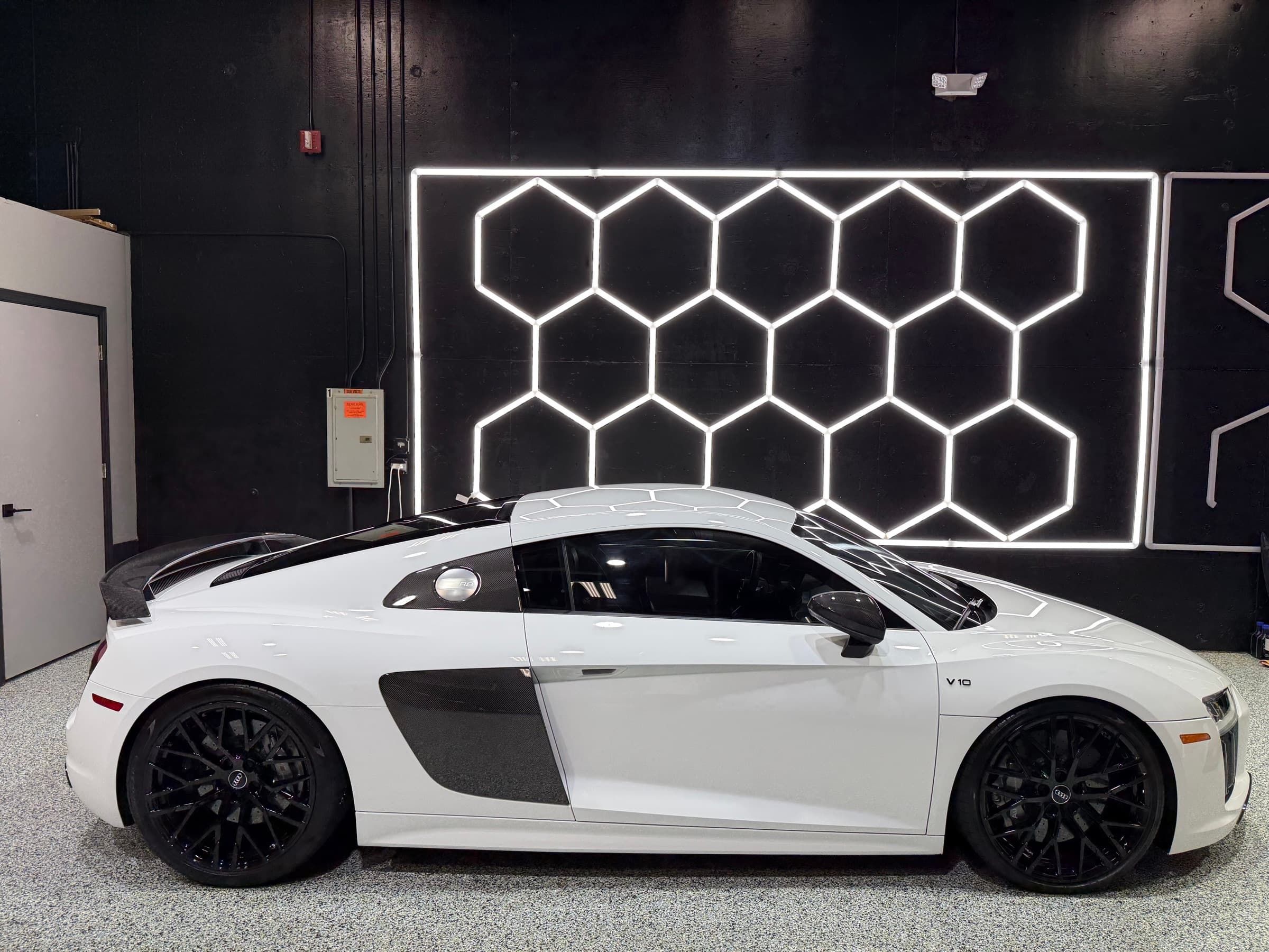White Audi R8 V10 in the CHM studio under honeycomb LED lighting